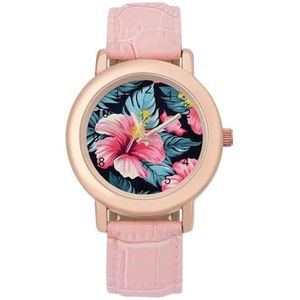 Roze Hawaiiaanse Tropische Bloem Dames Elegant Horloge Lederen Band Horloge Analoge Quartz Horloges