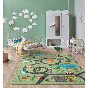 The Carpet Happy Life Speelkleed, tapijt voor kinderkamer, wasbaar, verkeersmat met straten, jungle, dieren, auto‘s, rond, groen, 200 x 290 cm
