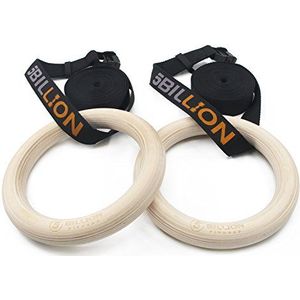 5Billion Houten turnringen, turnringen, voor fitness, met zeer sterke nylon riemen met snelgespsluitingen van metaal, verstelbaar, 32 mm