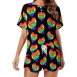 Liefde Regenboog Gay Pride Hart Zachte Womens Pyjama Korte Mouw Pyjama Loungewear met Zakken Gift voor Thuis Strand 3XL