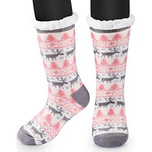 Antislipsokken, winterpantoffelsokken, dames, niet glijden, gebreid, met fleece gevoerde warme pantoffelsokken, dikke huissokken, pluche binnensokken, cadeau, eenheidsmaat, roze en wit., Eén maat