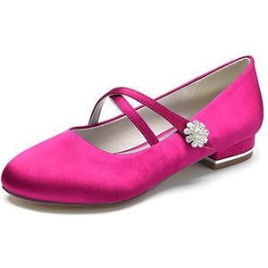 Womens Platte Bruids Schoenen Gesloten Teen Ballet Pumps Satijn Strass Kruis Strappy Party Trouwschoenen,Fuchsia,36 EU