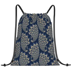 EgoMed Trekkoord Rugzak, Rugzak String Bag Sport Cinch Sackpack String Bag Gym Bag, Blauw Goud Art Deco Pauw, zoals afgebeeld, Eén maat