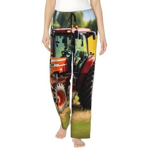 Company Farm Tractors Print Dames Zachte Polyester Lounge Pyjama Broek - Losse Comfortabele Slaap Joggingbroek met Zakken, Zwart, S