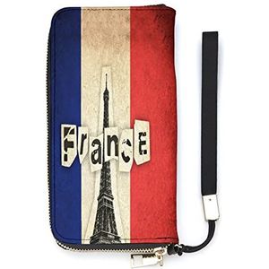 Frankrijk Vlag met Eiffeltoren Womens Portemonnee Lederen Bifold Portemonnee Creditcard Clutch met Rits Pocket Polsband Handtas Gift voor Mannen