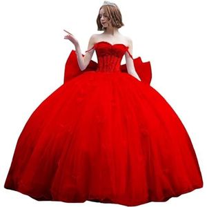 Fuomomo Quinceanera-jurk met dunne bandjes en vlinderglitter, Quinceanera-jurk met vlinders en grote strik, baljurk van kant met parels MT053, Rood, 44 (Groot)