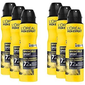 L'Oréal Men Expert Lichaamsverzorging, effectieve sportdeospray voor mannen, droogbescherming voor maximaal 72 uur frisheid, Invincible Sport, 6 x 150 ml