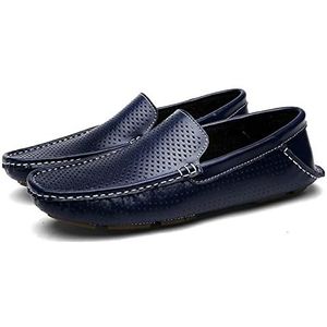 Heren instappers ronde teen mocassins schoenen eenvoudig leer lichtgewicht flexibele resistente wandelen prom slip on, Blauw, 41 EU