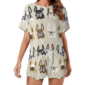 Franse Bulldog Collectie Zachte Dames Pyjama Korte Mouw Pyjama Loungewear met Zakken Gift voor Thuis Strand 5XL