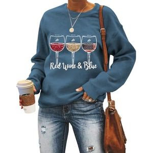 MLZHAN Rode wijn en blauw dames sweatshirt zomer grappige wijnglazen Amerikaanse vlag grafische shirts onafhankelijkheidsdag mode tops (S, blauw 2), Blauw 2, S