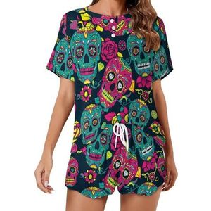 Mexicaanse Suiker Schedel Bloemen Zachte Vrouwen Pyjama Korte Mouw Pyjama Loungewear met Zakken Gift voor Thuis Strand 5XL