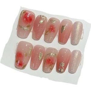 Handgemaakte acryl roze blush draagbare kunstnagels met lijm volledige dekking korte druk op nagels mooie meisjes nagelverbetering (Color : 12, Size : Xs)