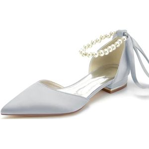 Vrouwen Puntige Teen Ivoor Bruiloft Flats Satijn Parelen Enkelband Bruiloft Schoenen Voor Bruid Prom Avond Bruidsfeest Jurk Flats,Zilver,36 EU