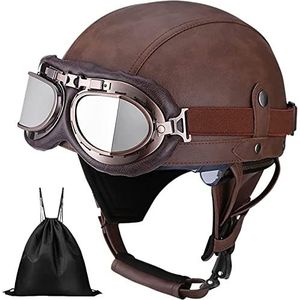 Volwassen Duitse stijl lederen motorfiets halve helm, DOT goedgekeurde mannen en vrouwen nieuwigheid open helm met bril en verborgen vizier voor scooter Street Cruiser bromfiets Chopper Decoration