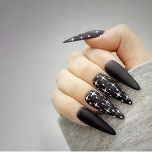 24 stuks bloemen stiletto nepnagels lange, groene Franse patronen, mooie amandel voor vrouwen, acryl extra lange kunstnagels lang voor nail art zwart en sterren 1