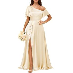 KURFACE Satijnen bruidsmeisjesjurken met mouwen geplooid korset galajurk met split lange formele avondjurk voor dames, Champagne, 32