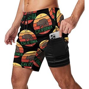 California Republic Bear Zwembroek voor heren, sneldrogend, 2-in-1 strandsportshorts met compressieliner en zak