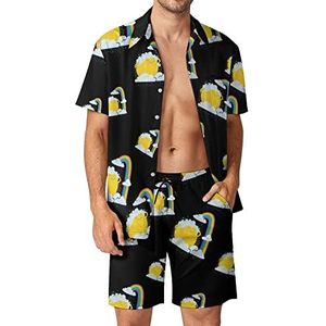 Grappige zon regenboog, Hawaiiaanse bijpassende set voor heren, 2-delige outfits, button-down shirts en shorts voor strandvakantie