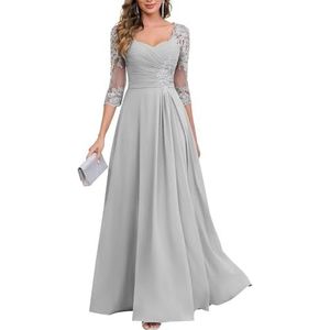 KIYNE Dames kanten applicatie chiffon moeder van de bruid jurken met mouwen V-hals geplooide avond formele jurk, Zilver, 32