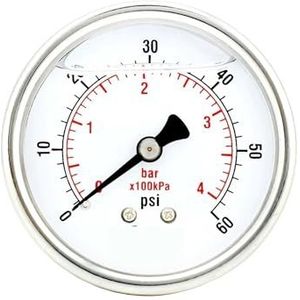 kaliber 2"", roestvrijstalen behuizing, vloeistofvulling, montage aan de achterkant, 60 psi