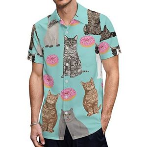 Cat And Donuts Hawaiiaanse shirts voor heren, korte mouwen, casual overhemd met knopen, vakantie, strandshirts, M