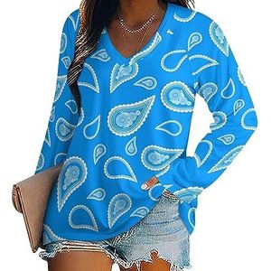 Blauwe Paisley vrouwen Casual Lange Mouw T-shirts V-hals Gedrukt Grafische Blouses Tee Tops M