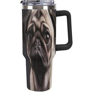 40 oz roestvrijstalen beker met handvat mopshond grote capaciteit autobeker lekvrije reisbeker koffiemok dubbel drinkdeksel waterfles geschenken voor mannen vrouwen