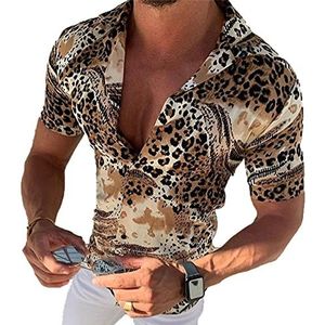 UYTON Herenshirt Casual Korte Mouw Button Down Stijlvol Overhemd met luipaardprint, Kaki, L
