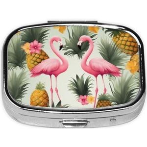 Flamingo's en ananassen pillendoos 2 compartimenten kleine pillenetui voor portemonnee en zak, metalen medicijnkoffer met spiegel, draagbare pillendoos voor op reis, medicijnorganizer