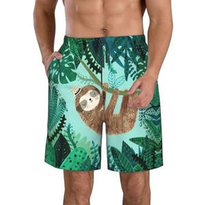 Groene Palmboom Bladeren Roze Print Heren Zwemplank Shorts Zwembroek Trunks Badmode Sneldrogende Surfen Strand Essentiële Zomer, Knuffel Boom Luiaard, 3XL