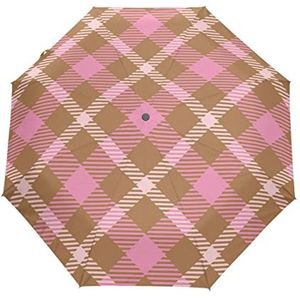 Plaid Tartan Leuke Roze Paraplu Winddicht Automatische Opvouwbare Paraplu Auto Open Sluiten voor Mannen Vrouwen Kids, Patroon, 88 cm