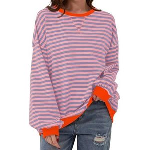 Roze Laur-sweater, Roze Laur Dames Gestreept Oversized Sweatshirt, Kleurblok Shirt Met Ronde Hals En Lange Mouwen. Casual Losse Pullover Top (XL,Oranje)