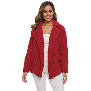 Uni-Wert Damesmantel faux wollen winterjas revers lange mouwen outwear kort fleece jack warm pluche jas teddy jas, rood, XL
