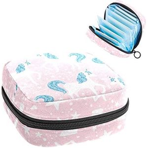 Periode Pouch Draagbare Tampon Opbergtas,Tampon Houder voor Portemonnee Vrouwelijke Product Organizer,Witte Eenhoorns Sterren Roze Achtergrond, Meerkleurig, 4.7x6.6x6.6 in/12x17x17 cm