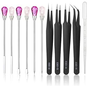 Pesfehhy 11-Delige Harsvormgereedschapset Roernaald Lepelgereedschap Pincet Precisieset (Zwart + Rozerood + Roze)