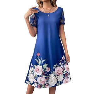 jurken voor dames Tuniekjurk met contrasterende mesh-mouwen en bloemenprint (Color : Royal Blue, Size : XL)