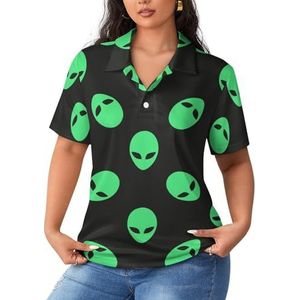 Green Alien Heads Dames Sport Shirt Korte Mouw Tee Golf Shirts Tops Met Knoppen Workout Blouses