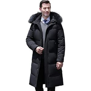 Heren lange puffer jas met afneembare capuchon en bontkraag, winter parka gewatteerde gewatteerde jas, 90% witte eendendons vulling, over-knie lengte,zwart,XL