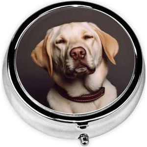 Leuke schattige labrador hond draagbare pillendoos - ronde pillenorganisator, doseerkoffer, 3 compartimenten medicijnpillendoosje voor reizen, kleine pillendoos voor portemonnee en zak
