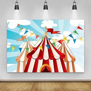 Renaiss 2.5x1.8m Circus Fotografie Achtergrond Blauwe lucht Rood Witte Tent Carnaval Achtergrond Kinderen verjaardag Feest Decoraties Dessert Taart Tafel Banner Babyshower Studio Foto Props