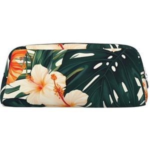 Tropische zomer Hawaiiaanse bloem palmbladeren bedrukt lederen etui draagbare reizen make-up tas grote capaciteit toilettas rits opbergtas voor vrouwen meisjes, Zilver, Eén maat, Tas Organizer