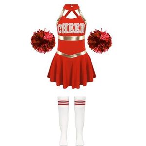 Cheerleader-uniformen, cheerleader-kostuum voor meisjes, cheerleader-danskostuums, cheerleader-jurk + sokken met bloemenbal, sets voor danswedstrijd (kleur: A, rood