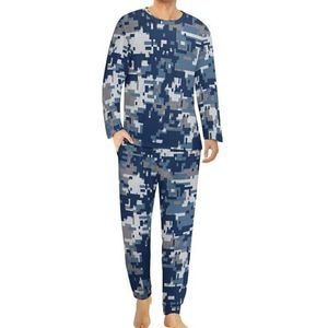 Blauwe digitale camouflage comfortabele heren pyjama set ronde hals lange mouw loungewear met zakken 3XL