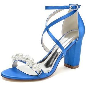 GHSIRUEU Dames Sandalen met Witte Hak en Parel Decoratie Enkelbandje Open Teen Elegante Zomer Avond Bruiloft Party Schoenen,Blauw,36 EU