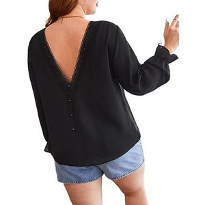 damestop in grote maten Plus blouse met guipurekant en volantmouwen (Color : Noir, Size : 3XL)