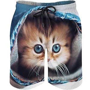 Schattige kat in jeans heren zwembroek bedrukte boardshorts strandshorts badmode badpakken met zakken M