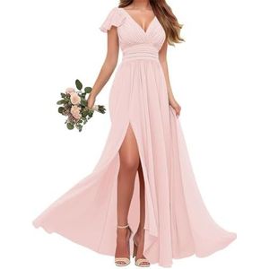 Chiffon bruidsmeisjes jurken met mouw - V-hals Empire taille plooi formele jurk, roze, 34
