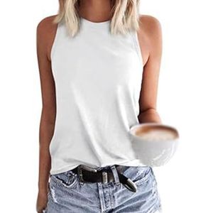 Dames zomer O-hals mouwloze tanktop basic casual eenkleurig vest top Y2K trendy T-shirts, Wit, XL