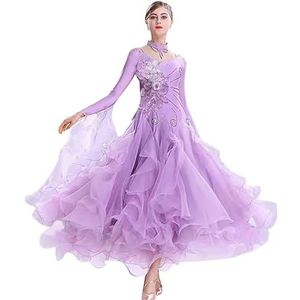 FZHQNZJF Dames Nationale Standaard Kostuum Lange Mouwen Wals Danskleding Tango Balzaal Dansende Jurken Met Strass Foxtrot Flamenco Grote A-Lijn Rok,Purper,3XL