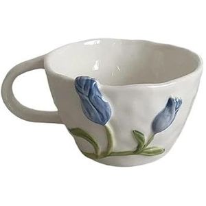 CHENJIAHAO Mokken Reliëf Mok Tulp Keramische Mokken Koffiekopjes Handgeknepen Onregelmatige Bloem Melk Thee Cup Havermout Ontbijt Mok Drinkware Koffie Mok (Blauwe Cup)